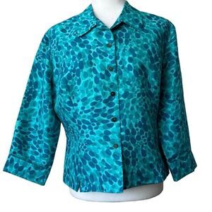 ICE Vintage 100% Silk Blouse Button Down Turquoise Blue Pop Art Shirt SZ L